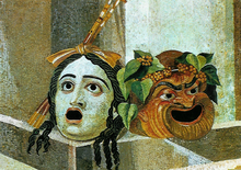 masques du théâtre antique, tragédie et comédie, mosaïque, 2è S.